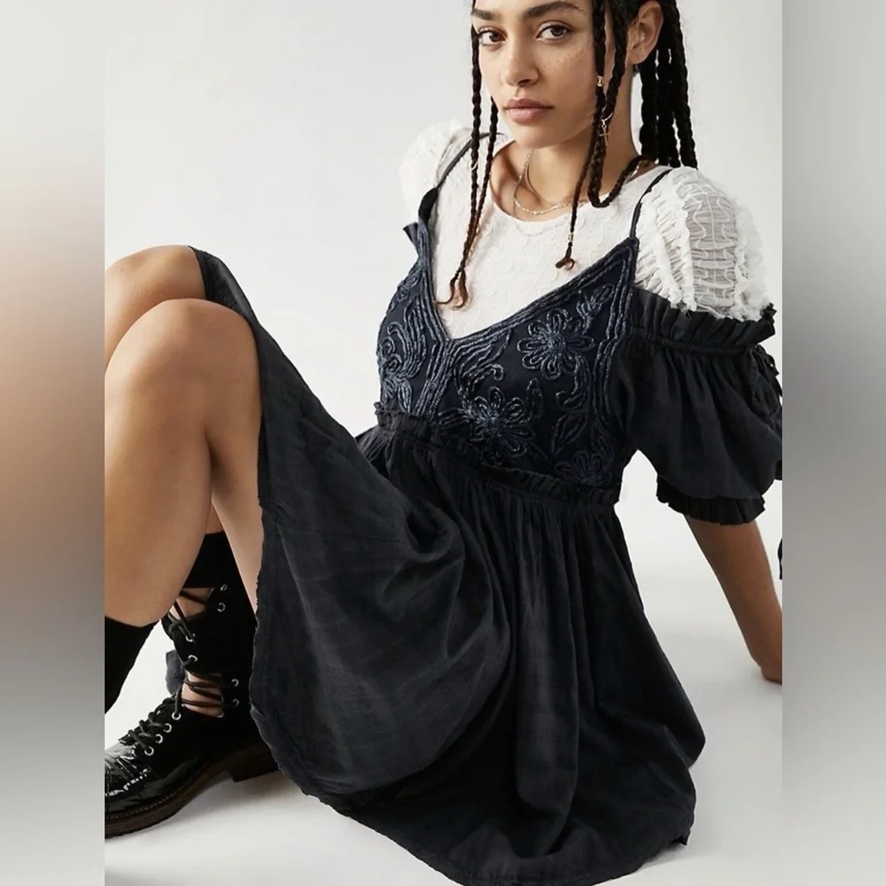 Free People Smocked Off / Cold Shoulder Dark Navy V Back Mini Dress - Picture 4 of 6